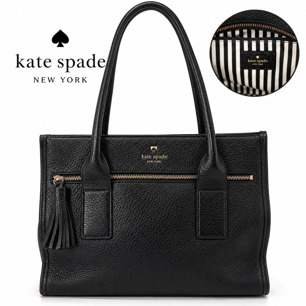 Kate Spade Black Southport Pebbled Leather Tassel Tote Bag Bookstripe Lining